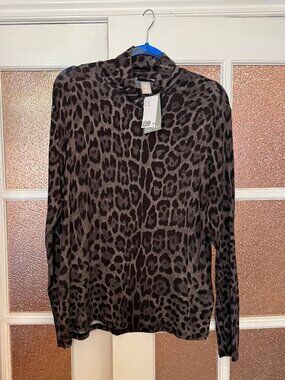 Long Sleeve Black and Grey Cheetah Leopard Print Turtle Neck Stretch Top